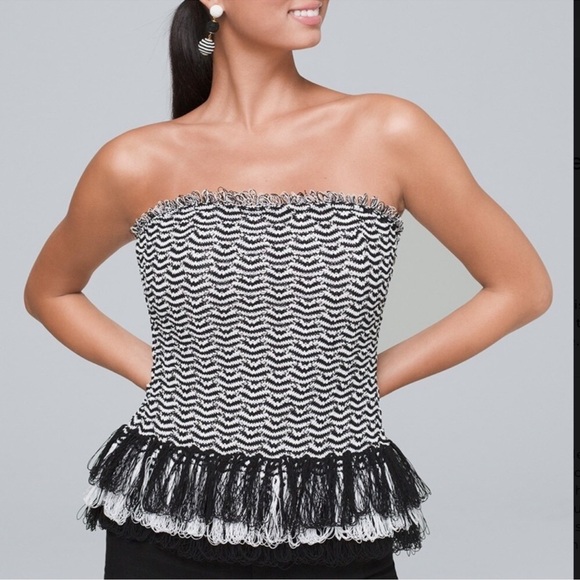 White House Black Market Black White Knit Tassel Fringe Strapless Corset Bustier - Picture 2 of 16